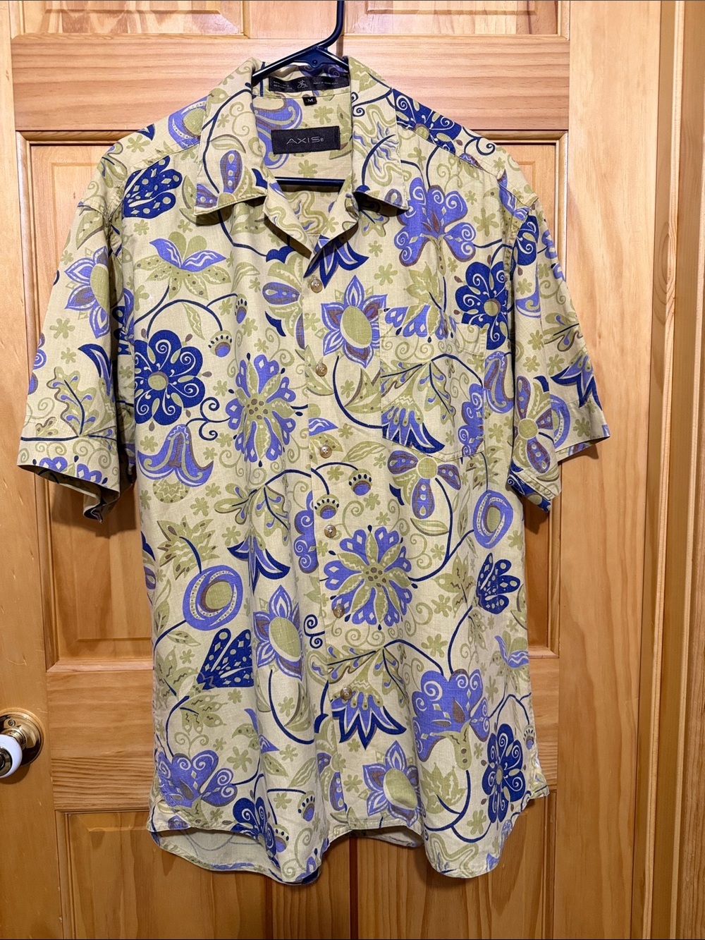 AXIS Linen Blend Short-Sleeve Button-Down Shirt Green, Blue, Purple Floral Print